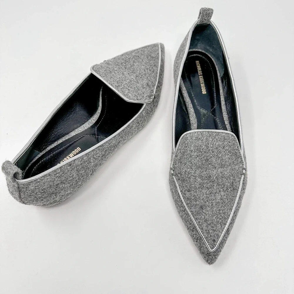Nicholas Kirkwood Beya Wool Gray Flats Loafers Pointed Toe EU 39 US 9 - Picture 1 of 12
